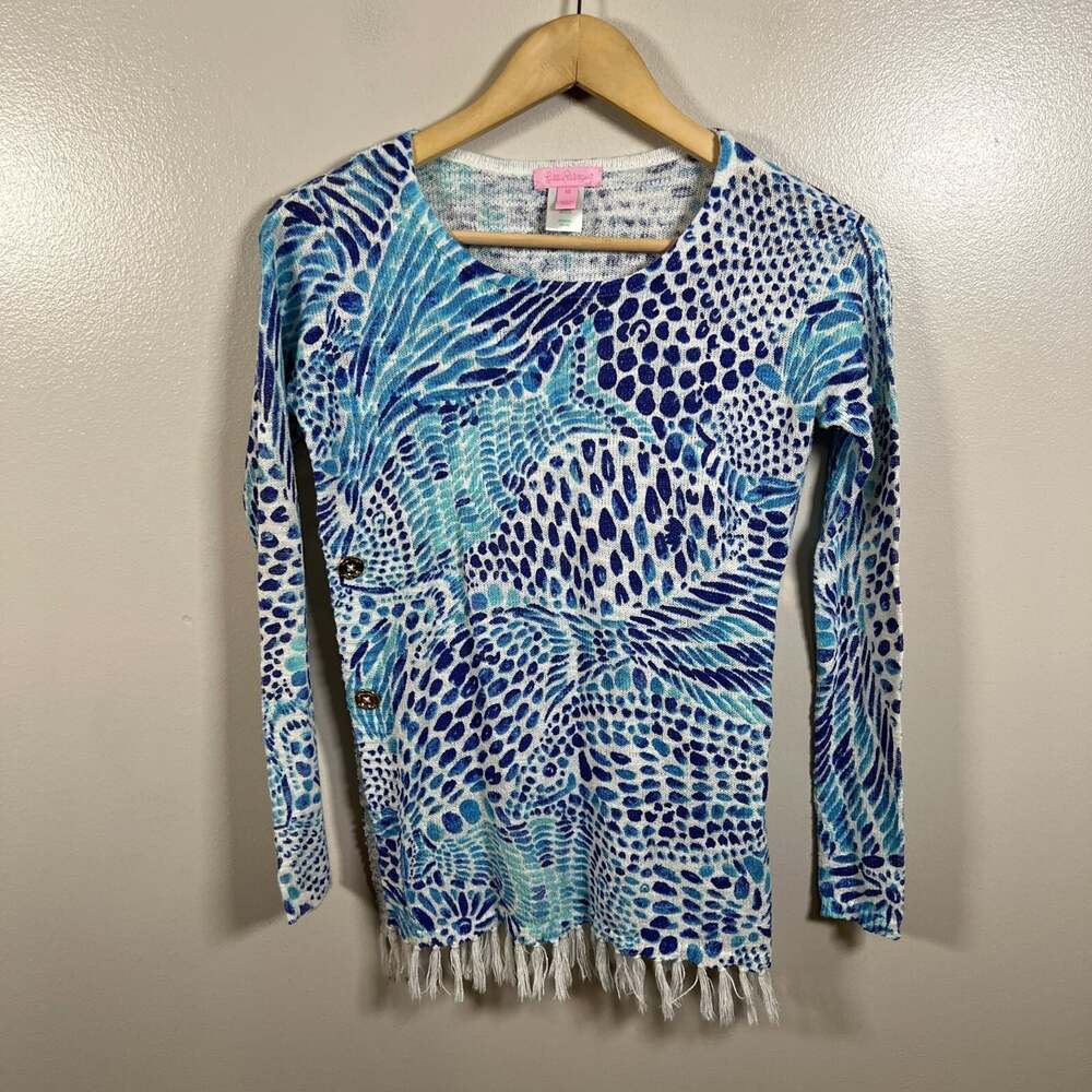 Lilly Pulitzer Ramona Sweater Size‎ XS Blue Tang Gang Fringe Preppy Vacation